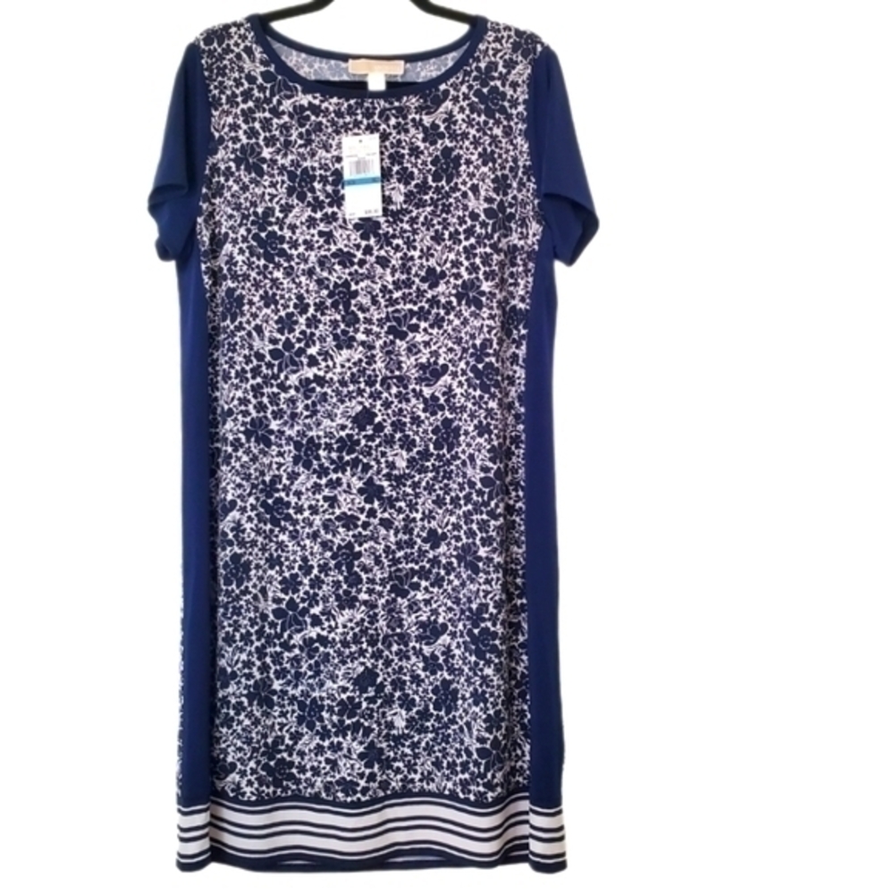 Michael Kors NWT Navy & White Floral Short Sleeve Stretch Jersey Shift Dress